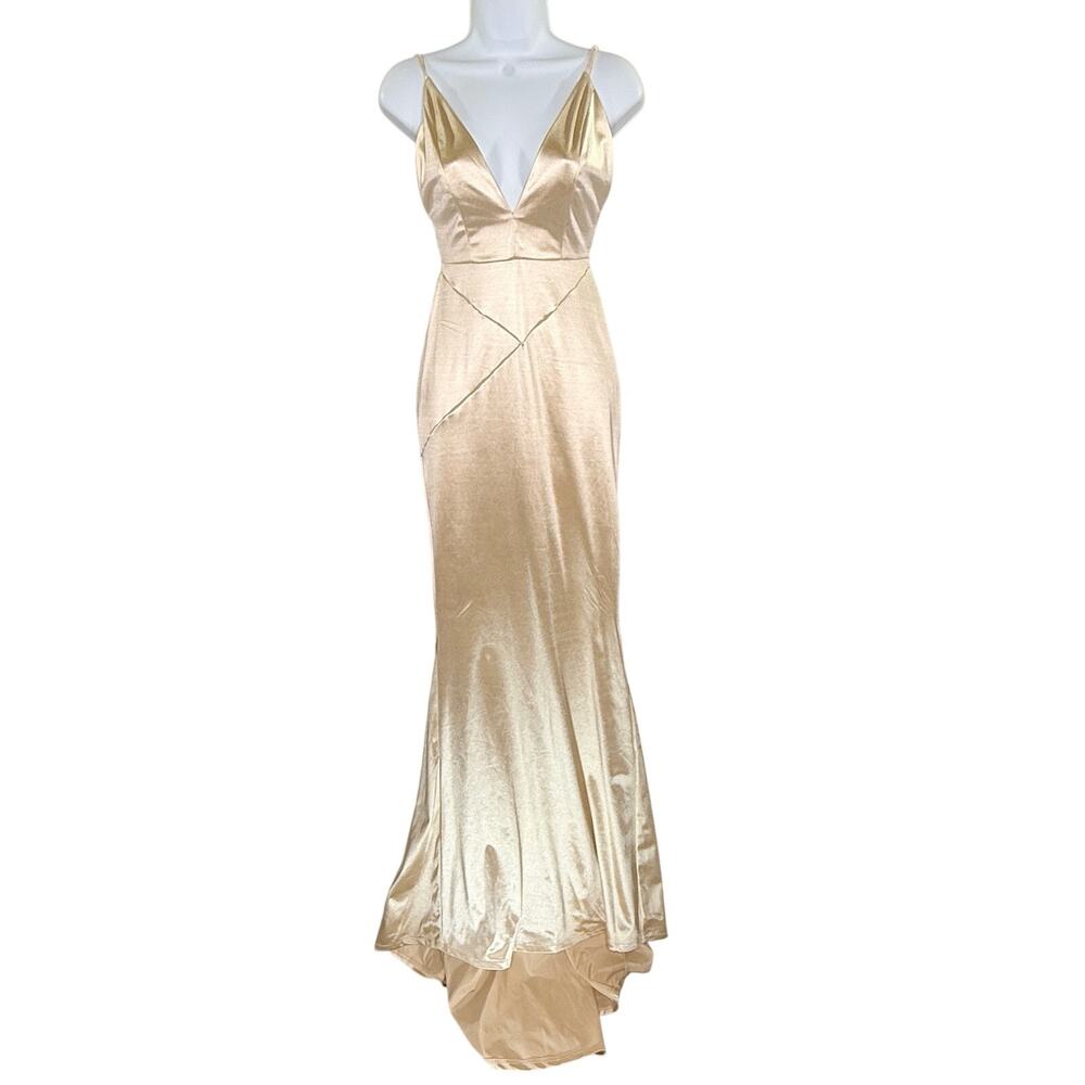 Love & Lemonade Satin Backless Ruched Long Formal Gown S NEW Champagne